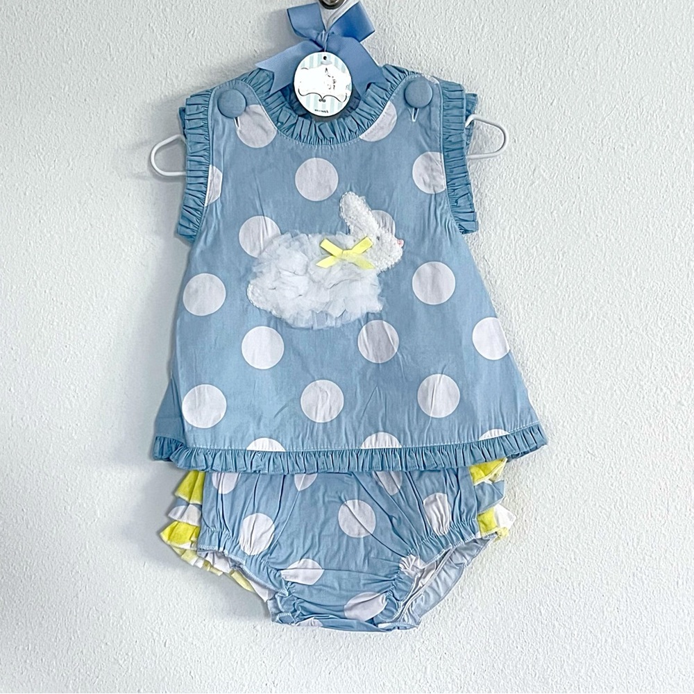 Mud Pie Blue Polka Dot Bunny Ruffle Matching Set